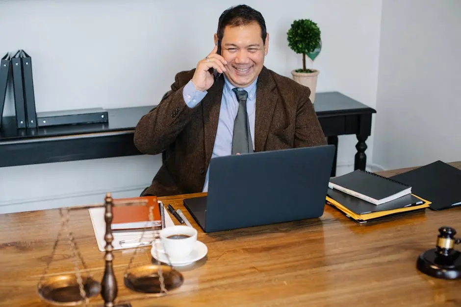 a man sitting at a desk talking on the phone