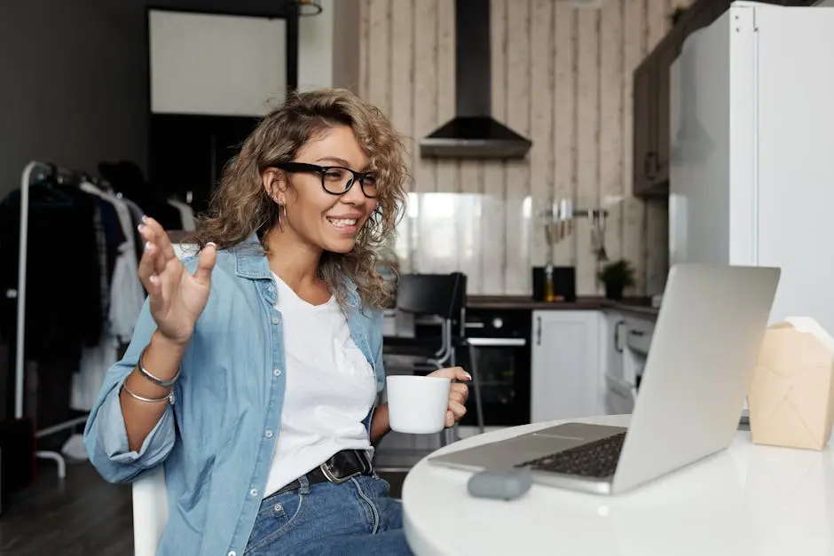 a woman sitting at a table with a laptop and a phone