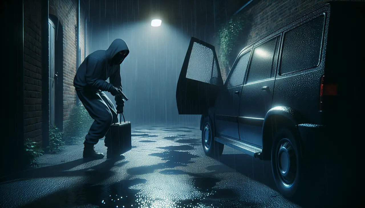 a man in a hoodie holding a briefcase and looking at a car